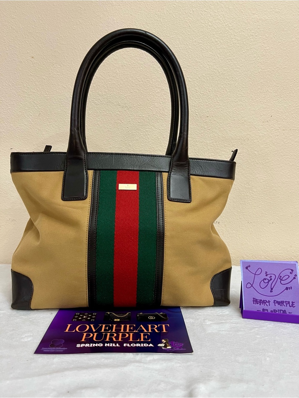 Gucci Tan Canvas Tote with Signature Green-Red Web and Black Trim